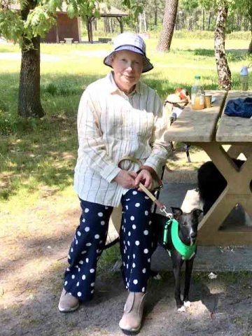 Marge & Milly enjoying a lunch-break in France on the way from Ipswich in Suffolk, UK to their home in Alicante, Spain.